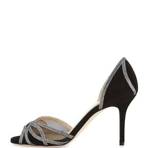 Jimmy Choo MUSTIQUE Glitter Trim Black Suede d'Orsay Peep Toe Sandal Shoe EUR 40